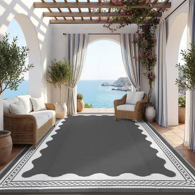 Garvee Large Outdoor Rug 10x14 Waterproof Reversible Foldable Plastic Straw Scalloped Design Lightweight Patio Deck Balcony B...