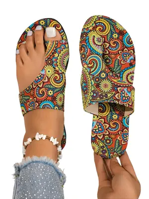 Women's Fashionable Boho Style Paisley Pattern Slides, Trending Sandals, Casual Comfortable Flat Sandals for Summer, Lightwei...