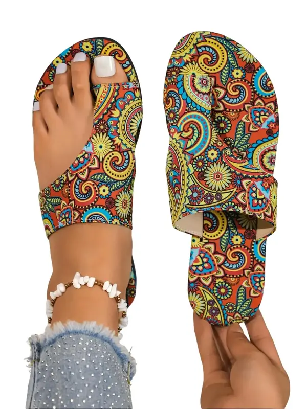 Women's Fashionable Boho Style Paisley Pattern Slides, Trending Sandals, Casual Comfortable Flat Sandals for Summer, Lightwei...