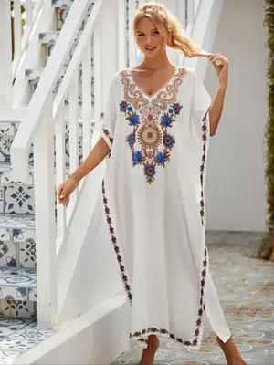 Women's Ethnic Pattern V Neck Short Sleeve Kaftan Design Arabian Dress, Summer Clothes Women, Elegant Batwing Sleeve Long Ara...