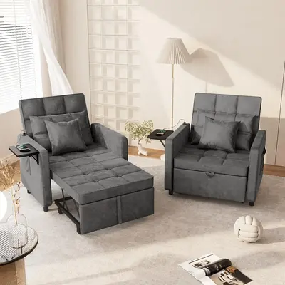 Vabches Sofa Bed Chair with Wing Table and USB Ports Outlet, 3-in-1 Sofa Chair Bed with Two Pillows, Velvet Sleeper Chair wit...