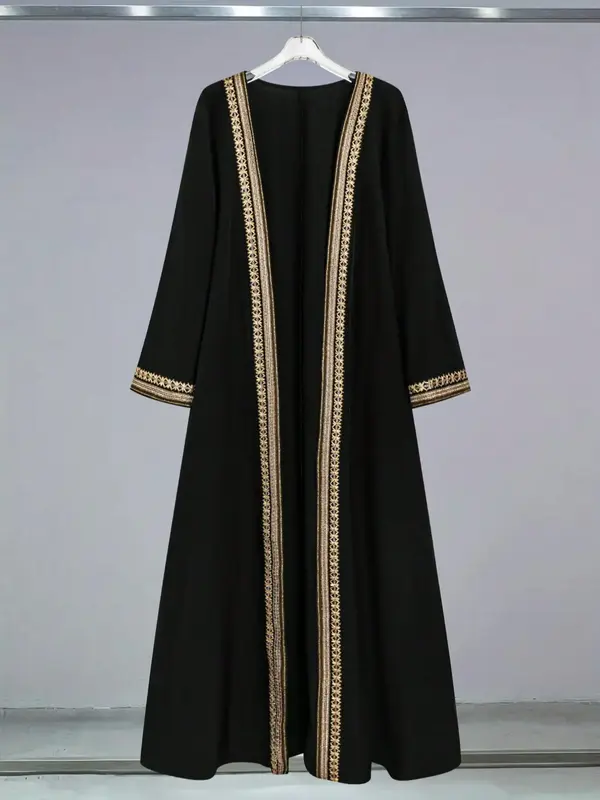 Arabic Clothing-Women's Ethnic Pattern Contrast Binding Abaya, Elegant Long Sleeve Open Front Outerwear For Daily Wear, Women...