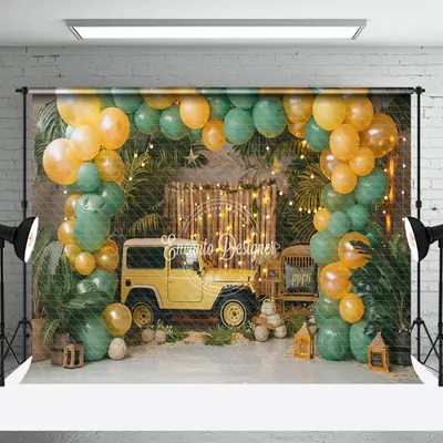 Green Leaves Car Balloons Cake Smash Paoto Backdrop - Aperturee