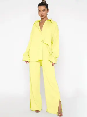 Two-piece Set Women's Long Sleeve Shirt and Split Wide Leg Comfy Pants Set, Summer Outfits Sets, 2 Piece Sets Women, Solid Sh...