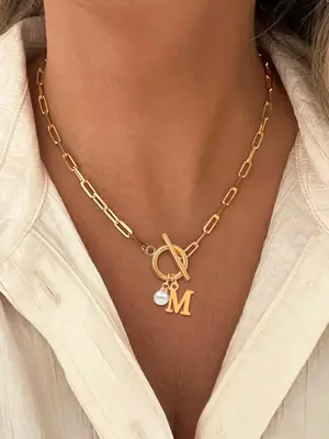 Women's Elegant Faux Pearl Decor OT Buckle Pendant Necklace, Exquisite Trendy Letter Charm Pendant Necklace, Fashion Vintage ...