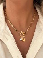 Women's Faux Pearl Decor OT Buckle Gold Pendant Necklace, Gifts for Girlfriend, Chains Letter Charm Pendant Necklace, Initial...