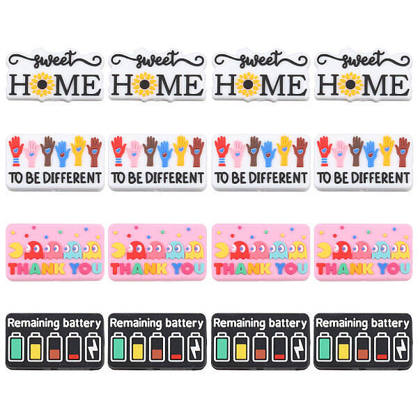 16Pcs 4 Styles Rectangle with Word Food Grade Silicone Focal Beads
