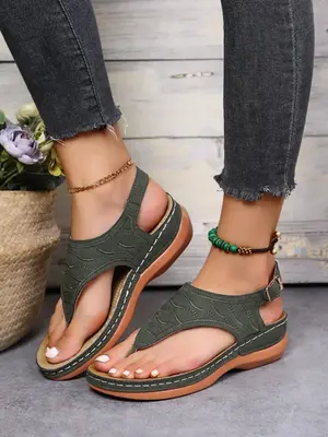 Women's Summer 2024 New Arrival Fashion Plain Color Buckle Design Flat Sandals, Retro Style Pu Leather One-line Buckle Thong ...