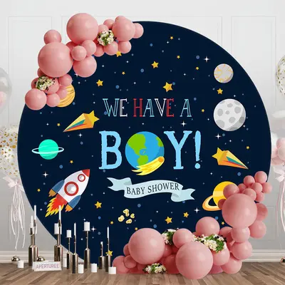 Galaxy Planet Rocket Round Baby Shower Backdrop For Boy - Aperturee