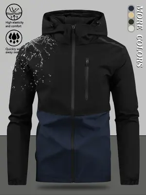 Men's Colorblock Zip Up Drawstring Hooded Jacket, Casual Regular Fit Drop Shoulder Jacket for Outdoor Daily Wear, Men's Outer...