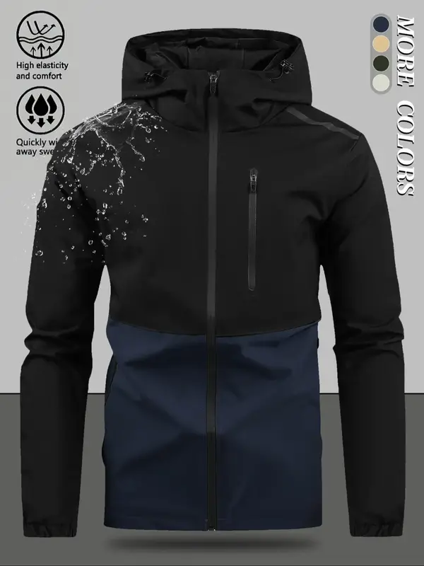 Men's Colorblock Zip Up Drawstring Hooded Jacket, Casual Regular Fit Drop Shoulder Jacket for Outdoor Daily Wear, Men's Outer...