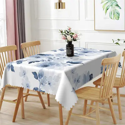 Blue Floral Ink Painting Modern Rectangle Tablecloth - Aperturee