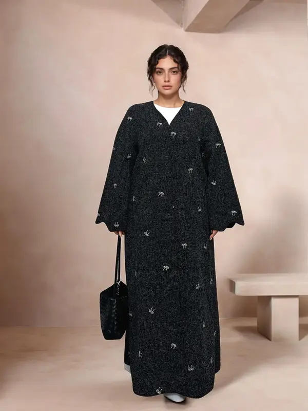 Women's Bow Embroidery Scallop Trim Long Sleeve Open Front Abaya, Modest Casual Comfy Abaya Dress for Daily Outdoor Wear, Lad...