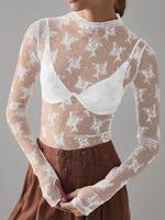 Women's Floral Lace Thumb Hole Sheer Tee, Aesthetic Tight Fit Trendy Mock Neck Long Sleeve T-shirt, Women's Top for Daily Wea...