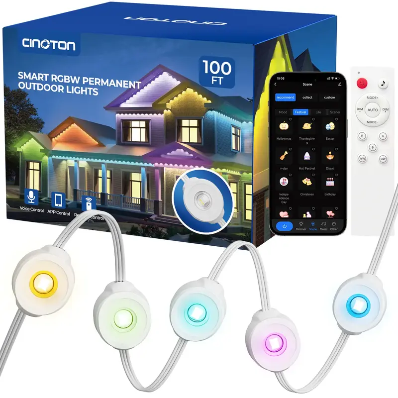 Partphoner Smart RGBW Permanent Outdoor Lights 16 Million Colors IP67 Waterproof APP/Voice/Remote Control for Decorations Hal...