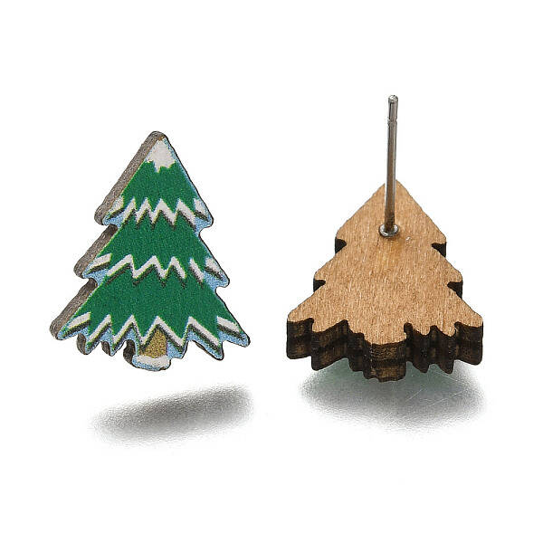 Christmas Printed Wood Stud Earrings for Women