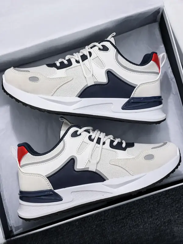 Men's Colorblock Patchwork Design Lace Up Low Top Sneakers, Casual Sporty Breathable Comfortable Running Shoes, Trendy Mesh M...