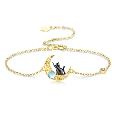14K Gold Moonstone Cat & Moon Charm Bracelet
