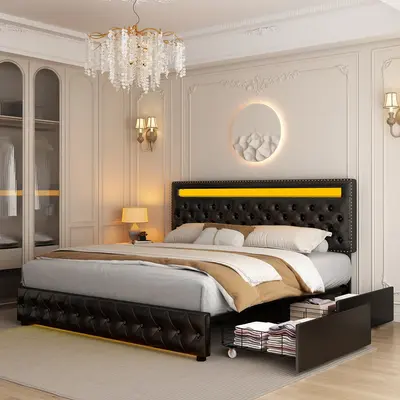 Queen LED Smart Bed Frame with 4 Storage Drawers, RGBW LED Lights Headboard & Footboard, DIY Color Control, Box Spring Option...