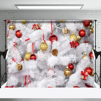 Red Gold Bauble White Pine Leaves Christmas Backdrop - Aperturee