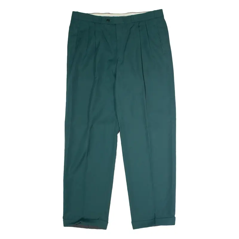 HAGMAN Pleated Mens Trousers Green Regular Straight 90s Wool W36 L32