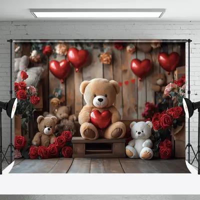 Aperturee Wood Room Rose Balloons Bear Valentines Day Backdrop | Diy Valentine Photo Backdrop | Valentine Photo Backdrop | Ha...