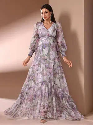 Women's Floral Print V Neck Long Sleeve Dress, Elegant Casual Long Dress for Daily Wear, Ladies Clothes for All Seasons,Ā Sum...