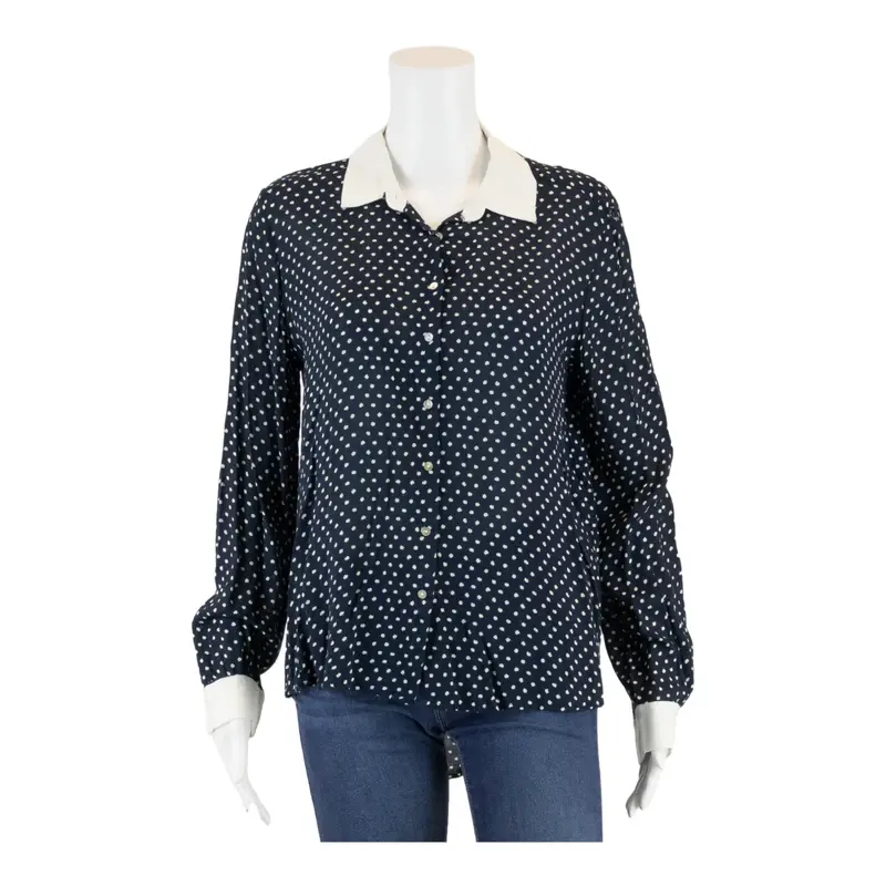ZARA BASIC Blouse Blue Collared Spotted Long Sleeve Womens S