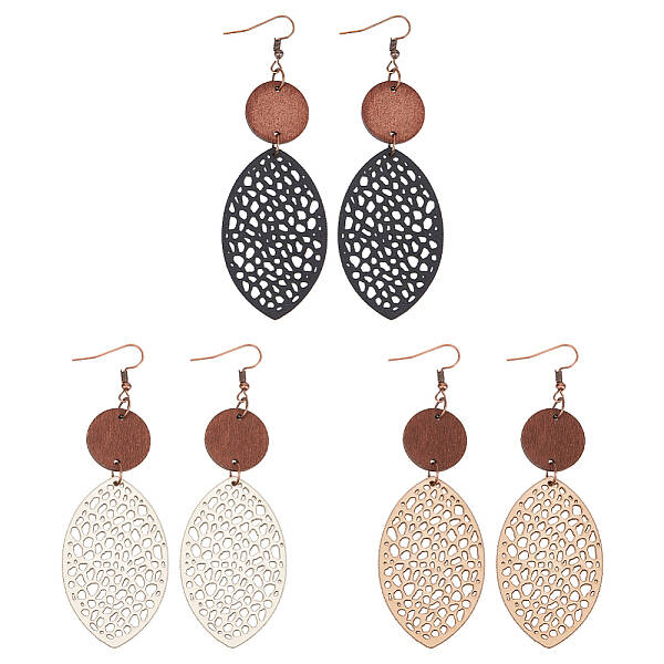 3 Pairs 3 Colors Wood Hollow Oval Dangle Earrings with 304 Stainless Steel Pins for Women