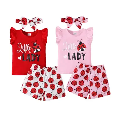 3pcs Toddler Baby Girl Short Set  Letter Graphics Sleeveless T Shirt Tops & Ladybug Print Shorts & Headband 6m-3y Girls Casua...