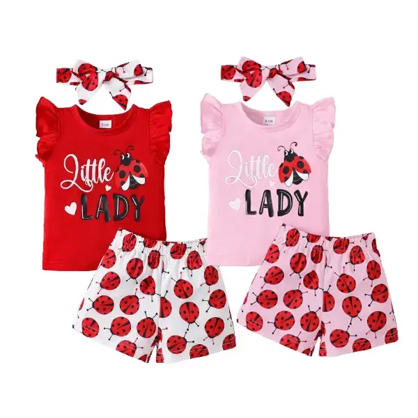 3pcs Toddler Baby Girl Short Set  Letter Graphics Sleeveless T Shirt Tops & Ladybug Print Shorts & Headband 6m-3y Girls Casua...