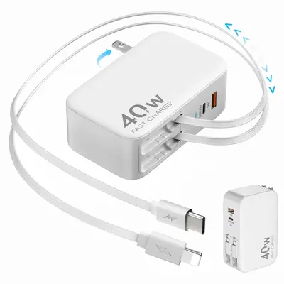 4-in-1 Retractable Gan Wall Charger Plug for iPhone 17 USB C,Travel Essentials Brick Multiport,3ft Lightening+ Type C Cables,...