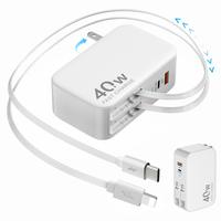 4-in-1 Retractable Wall Charger with Dual USB Ports and 90cm Lightening and Type-C Cables, 40W Fast Charging Foldable Block C...