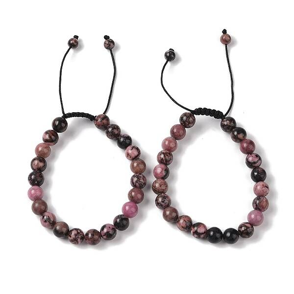 8mm Round Natural Rhodonite Braided Bead Bracelets