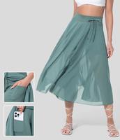 Halara High Waisted Drawstring Contrast Mesh 2-in-1 Side Pocket Flowy Midi Flare Casual Skirt#Summer Bottom Womenswear