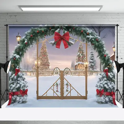 Snow Scene Arch Pine Leaf Red Bow Christmas Backdrop