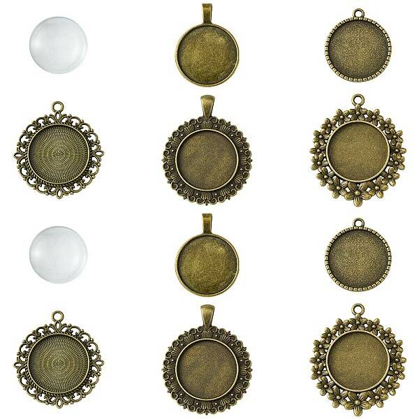 DIY Blank Round Glass & Tibetan Style Alloy Pendant Making Kits