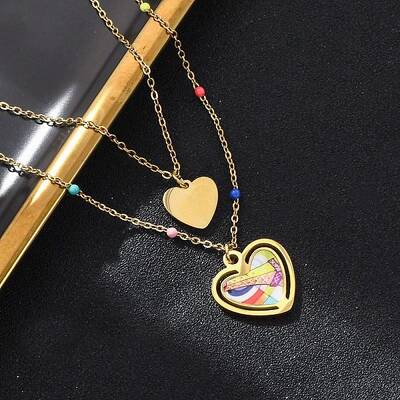 304 Stainless Steel & Plastic Colorful Heart Pendant Double Layer Necklaces for Women