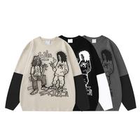 American retro cartoon print niche design contrast color stitching fake two-piece long-sleeved round neck T-shirt
