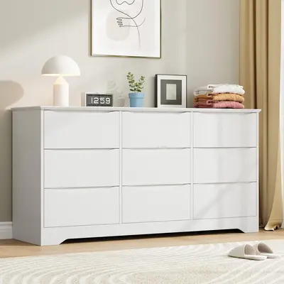 Garvee Wooden Dresser with 9 Drawers, Tall Modern Closet with Deep Storage, Large Chest of Drawers with Wide Top, Long Storag...