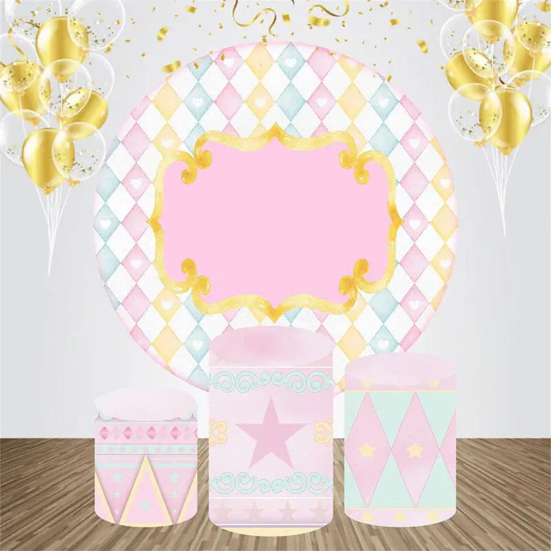 Pink Golden Heart Star Round Birthday Backdrop Kit - Aperturee
