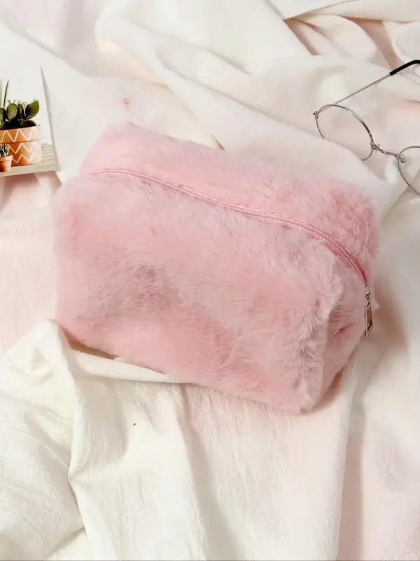 1 Piece Solid Color Makeup Bag, Portable Large Capacity Travel Toiletry Bag, Soft Fuzzy Cosmetic Storage Bag, Girls' Makeup O...