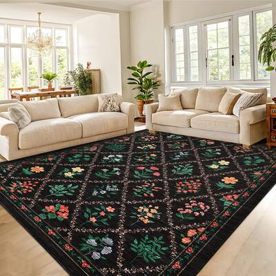 Garvee Farmhouse Area Rug 5x7 - Floral Diamond Pattern, Non-Slip & Machine Washable, 100% Polyester, Stain-Resistant Low Pile...