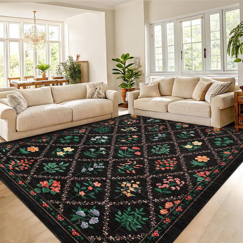 Garvee Farmhouse Area Rug 5x7 - Floral Diamond Pattern, Non-Slip & Machine Washable, 100% Polyester, Stain-Resistant Low Pile...