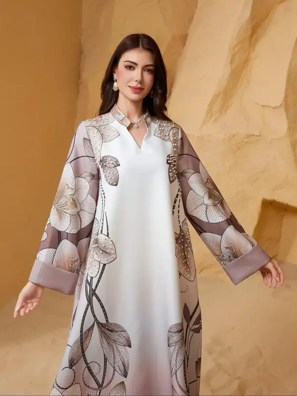 Women's Floral Pattern Long Dress, Elegant Modesty Long Sleeve Maxi Arabic Clothing, Ladies Islamic Clothing for Daily Wear