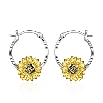 Sterling Silver Two-tone Sunflower Hoop Earrings