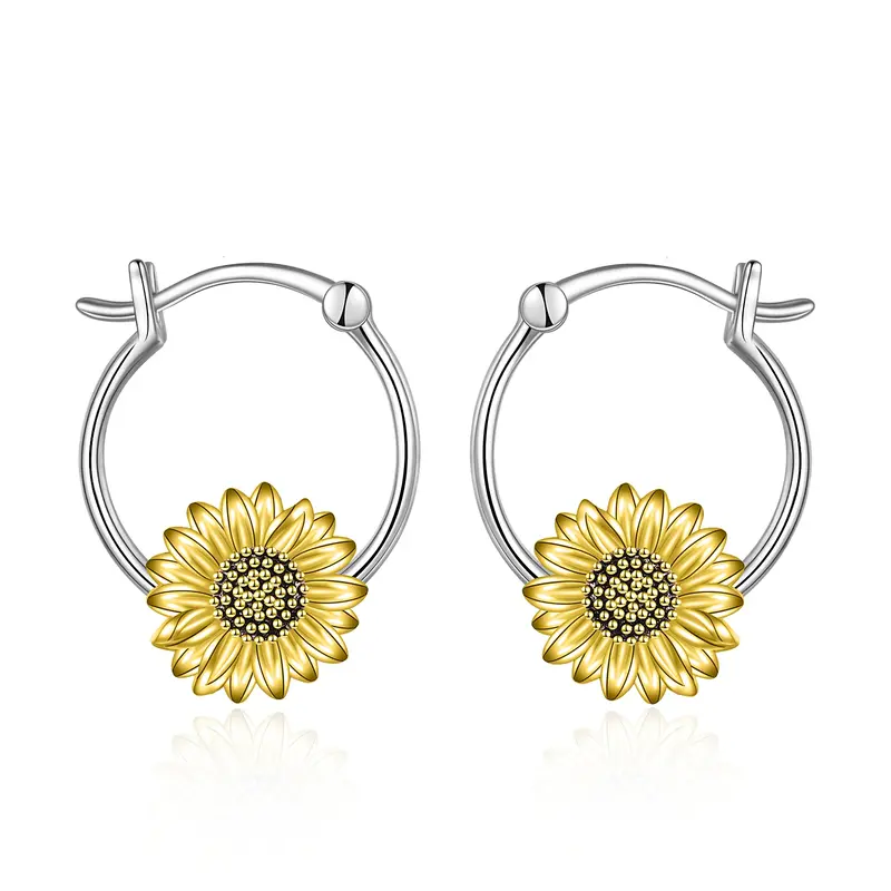 Sterling Silver Two-tone Sunflower Hoop Earrings