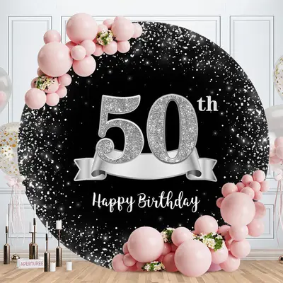 Aperturee Sliver And Black Round 50th Happy Birthday Backdrop
