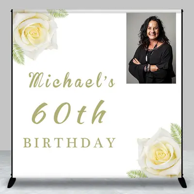 Custom Photo White Rose Leaf 60th Birthday Backdrop - Aperturee