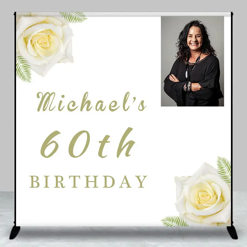Custom Photo White Rose Leaf 60th Birthday Backdrop - Aperturee
